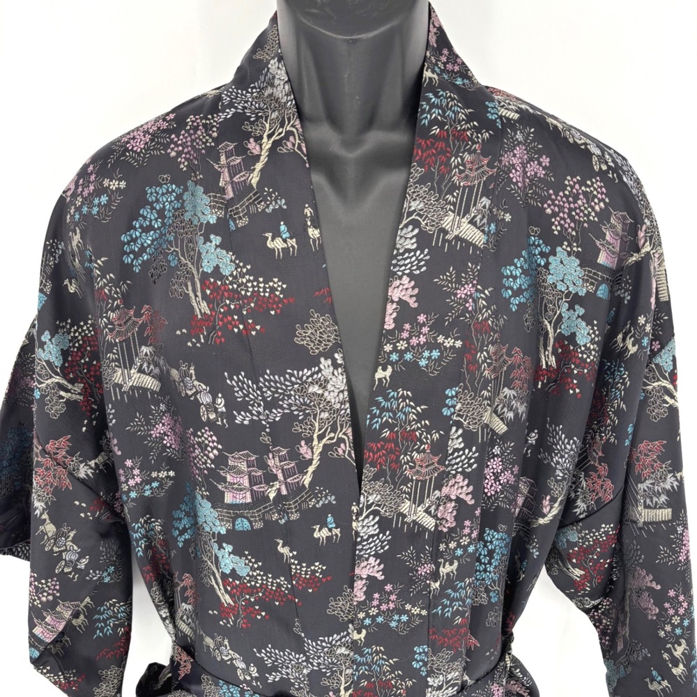 Esme Vintage Black Chinoiserie Pagoda Jacquard Rayon Kimono Robe XL Scenic
